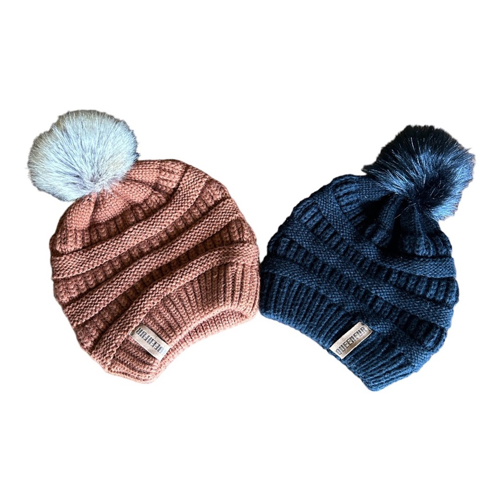 QUEENFUR BEANIES- 1)Solid Black &‎ 1) Solid Brown- both with removable pom poms